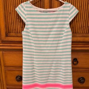 LILLY PULITZER LANA GREEN AND PINK STRIPED MIDI SHIFT DRESS